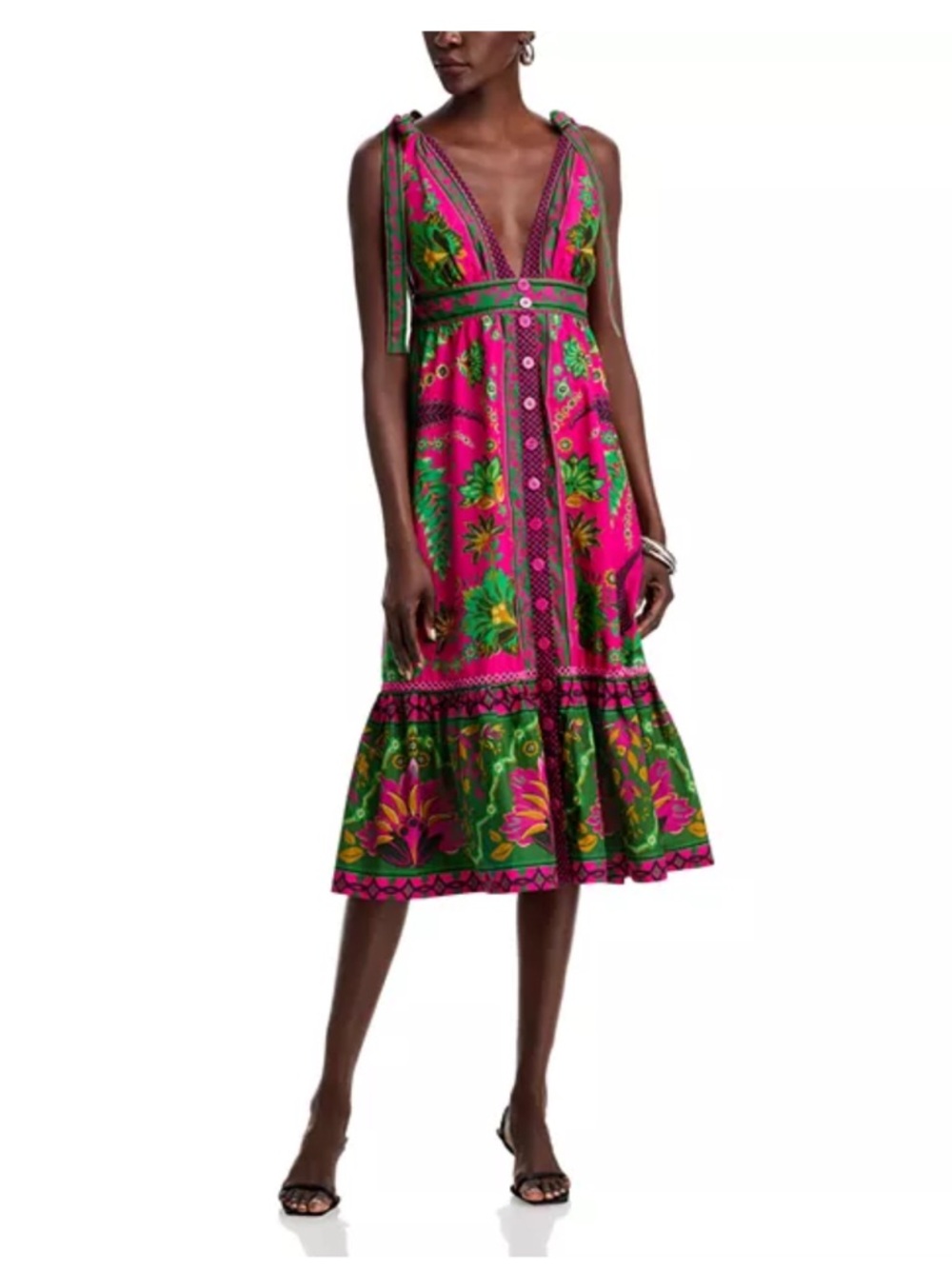 FARM Rio Ava Plunge Tie-Shoulder Midi Dress Size Small